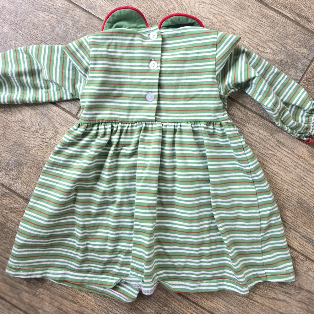 Abby & Evie Boutique Green Striped Holiday Christmas Dress Tree Embroidery